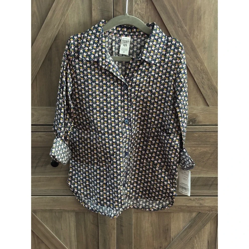 Carters Kid Girls Navy Blue Heart Floral Button Down Shirt Long Sleeve Size 4/5